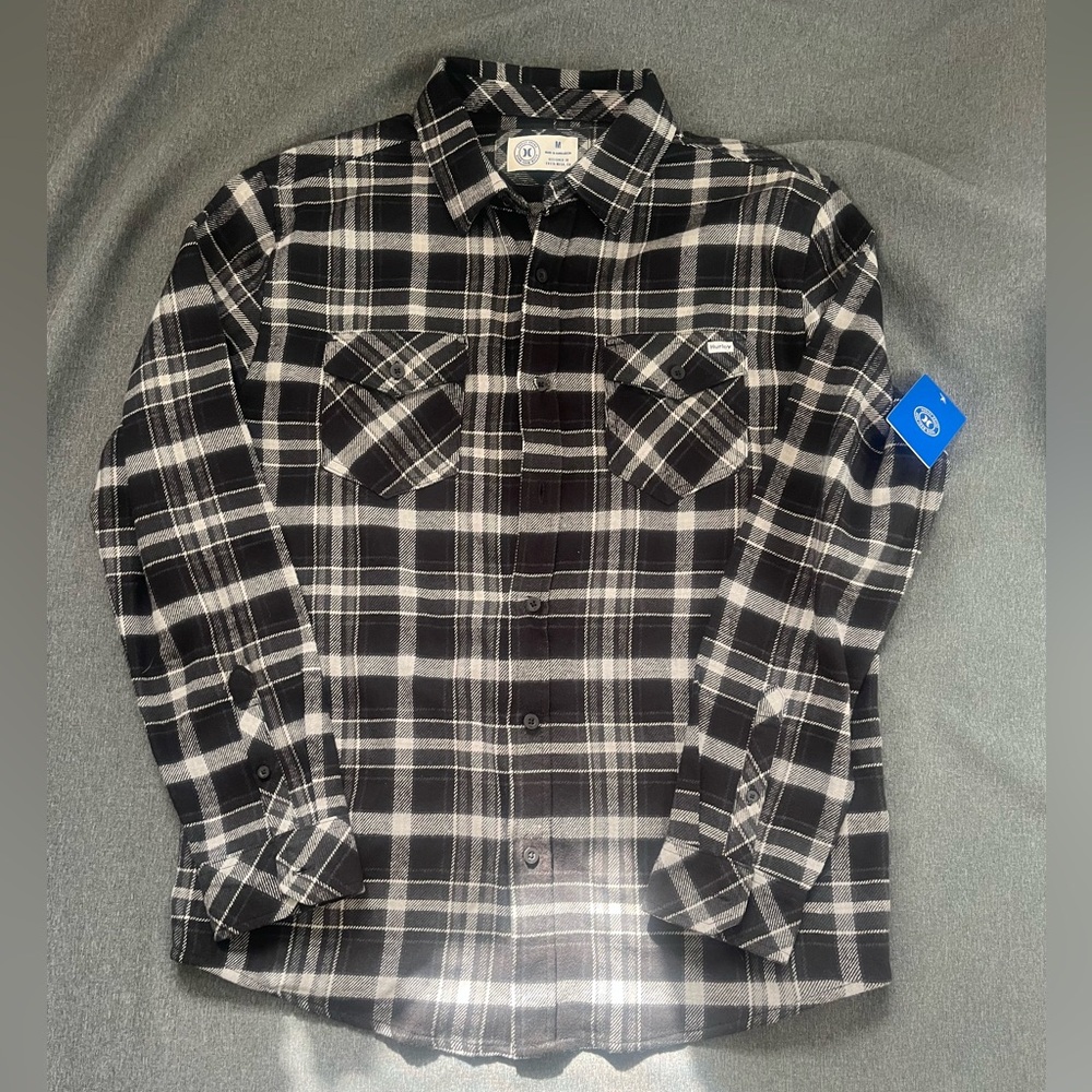 Hurley Button Down Flannel Shirt Mens Size Medium Black Long Sleeve